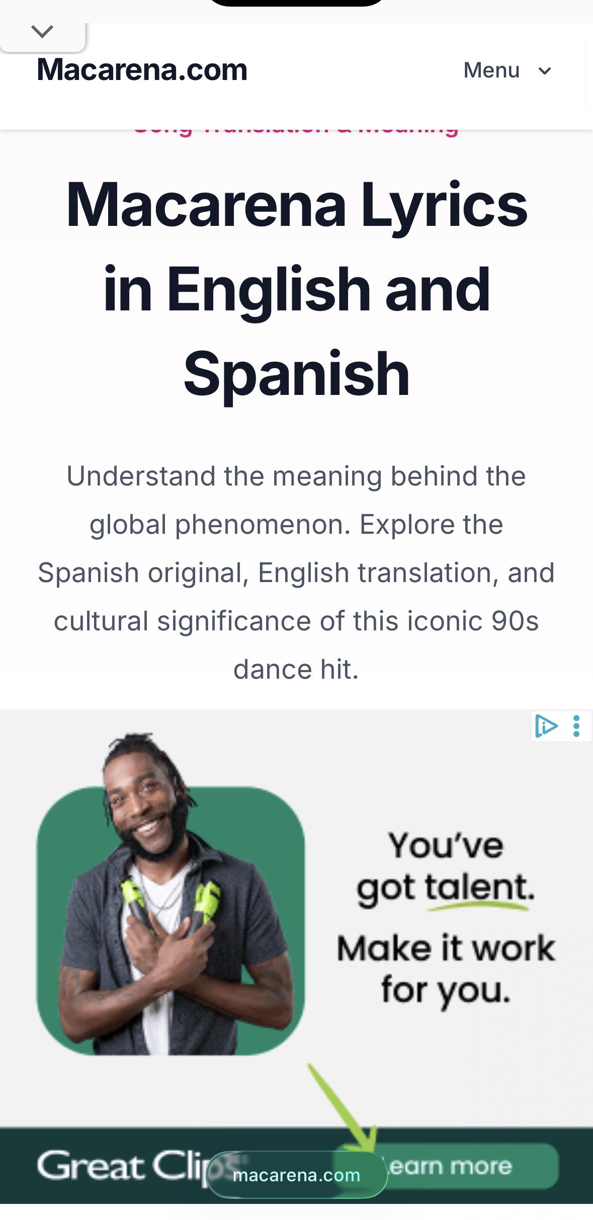 Macarena.com ad placements and monetization view