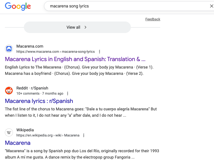 Macarena.com SERP snapshot showing search results